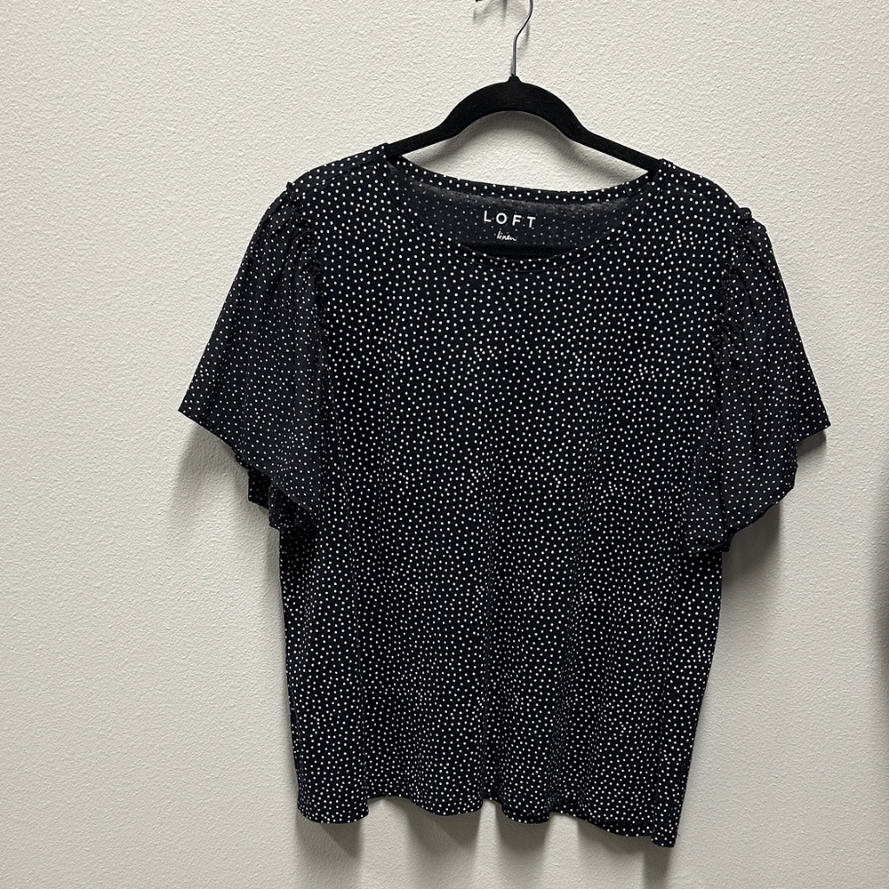 LOFT  Navy Blue shirt with White Polka Dot Linen Women's Top - Large
